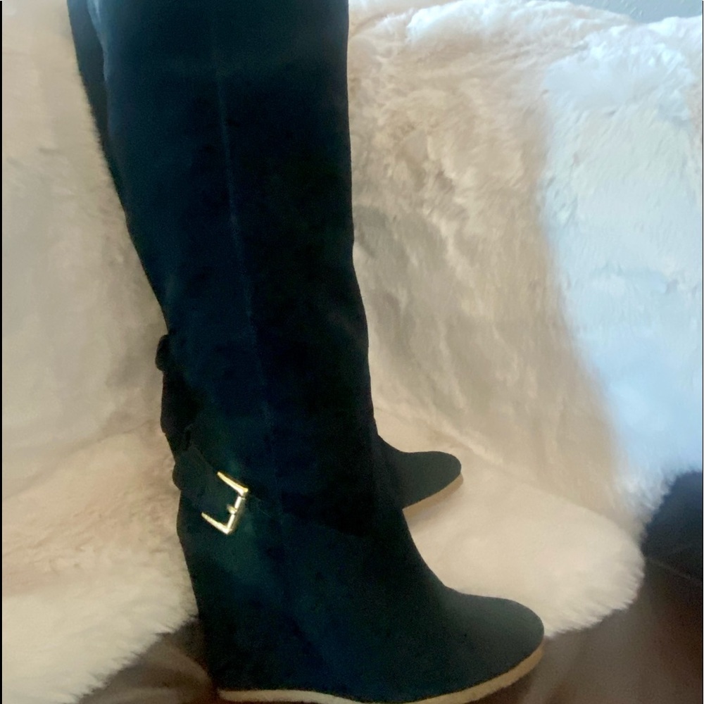 COACH Black Suede Wedge Heel Knee High Boots Size 6.5